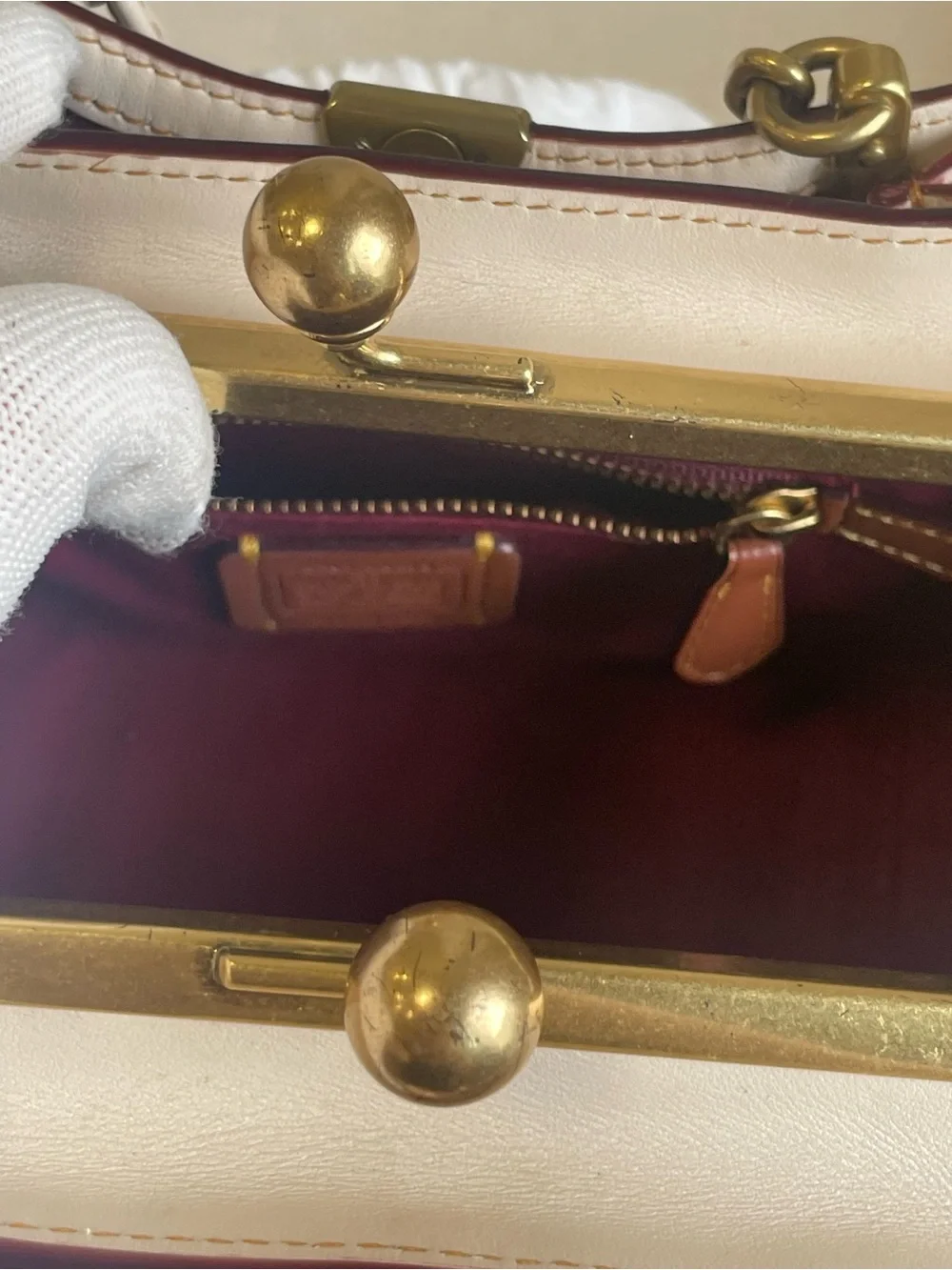 Coach 1941 Kiss-lock Dreamer 21 Cream and Brown Signature Frame Satchel